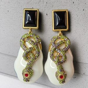 Oversized Massive Crystal Snake On A Lucite Rock Dangle Earrings